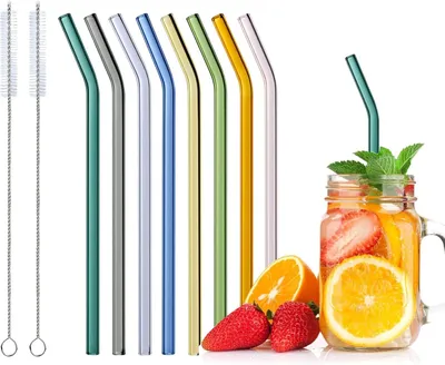 Productafbeelding van Herbruikbare glazen rietjes - 8 kleurrijke rietjes met 2 reinigingsborstels voor cocktailglazen - Smoothies en sappen - Vaatwasmachinebestendig