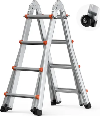 A silver, A-frame telescopic ladder with orange accents and black feet and wheels, shown against a white background.