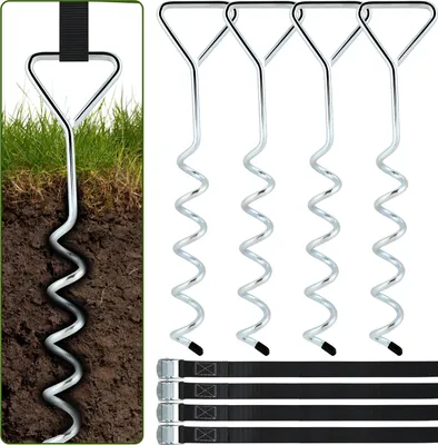 Produktbild von TolleTour 4x Bodenanker Trampolin 40cm 5 Windungen Verstellbare Gurte Rostfrei Sicherung Set Erdanker Befestigung Pavillon Gartenhaus Schaukel