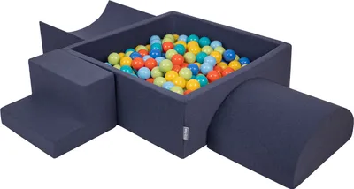 Produktbild von KiddyMoon spielplatz aus schaumstoff mit quadrat bällebad (300 bälle) ballgruben für babys spielbad hindernisläufen, hergestellt in der eu, dunkelblau:hellgrün/orange/türkis/blau/bblue/gelb