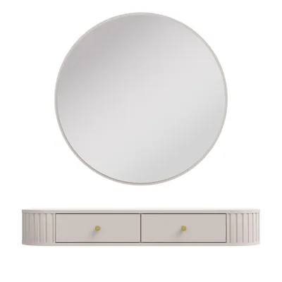 Image de AX LIVING Coiffeuse Halay Beige 2 tiroirs avec bords arrondis + miroir rond 100 cm