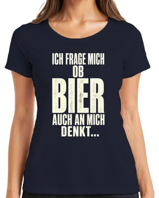 Produktbild von Ich frage mich ob Bier auch an mich denkt Lustig Saufen Alkohol Damen T-Shirt, Navy, XXL