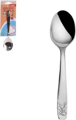 A child's spoon with a bunny design on the handle, displayed next to its packaging.