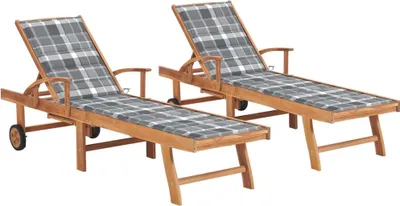 Produktbild von Sonnenliegen 2 Stk. Auflagen Graues Karomuster Massivholz Teak
