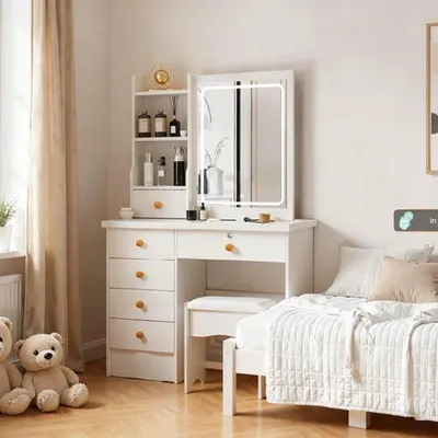 Image de Table de toilette avec miroir LED à 3 couleurs, 6 tiroirs, étagères de rangement et tabouret, dimensions : 90 x 54 x 18 cm