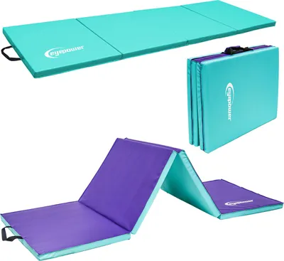 A set of foldable gymnastics mats in turquoise and purple.