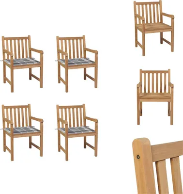 Produktbild von vidaXL Gartenstühle 4 Stk. Graue Karomuster-Kissen Massivholz Teak -  Gartenstühle