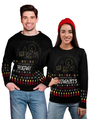 Produktbild von Harry Potter Winterpullover Uni - I'd rather stay at Hogwarts this Christmas Winter Strick Pullover Sweatshirt Ugly Sweater für Herren & Damen Schwarz L