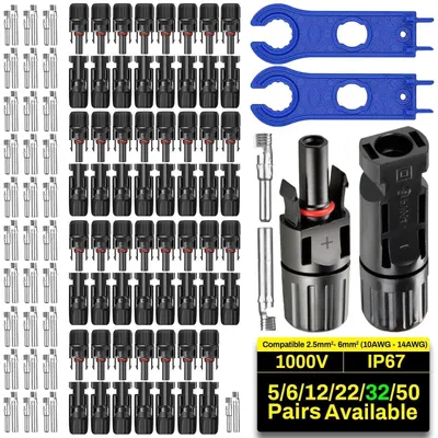 Image de Kit de connecteurs solaires comprenant 32 paires de connecteurs photovoltaïques de 6 mm², 4 mm² et 2,5 mm², avec clé