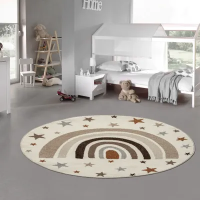 Produktbild von Weicher Kinderteppich mimt Stern und Regenbogen muster in Creme Größe - 120 cm Rund