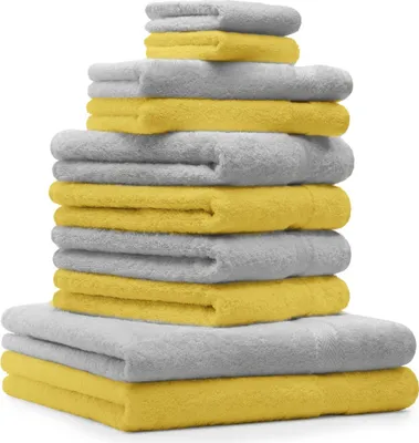 Produktbild von Betz 10-tlg. Handtuch-Set PREMIUM 2 Duschtücher 4 Handtücher 2 Gästetücher 2 Waschhandschuhe  Farbe:  silbergrau & gelb