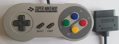 A Super Nintendo controller is shown on a white background.