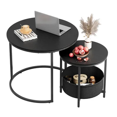 Produktbild von Couchtisch 2er‑Satztisch rund mit Stauraum, Beistelltisch mit Stoffkorb & Metallgestell, Holzoptik, 2er Set, 2 in 1 Verschachtelung, Holzkohle Schwarz