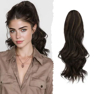 Productafbeelding van Haarverlenging in paardenstaartstijl, golvend, 41 cm, donkerbruin met strookblonde highlights