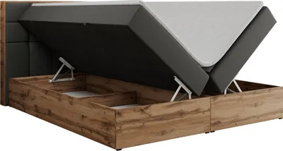 Produktbild von MKS MEBLE Boxspringbett 160x200 mit Bettkasten Eiche, Polsterbett 160x200 mit Matratze H4, Bett 160x200 mit Kopfteil, Eiche Wotan - 160x200 - Dunkelgrau Kunstleder - Albero-1