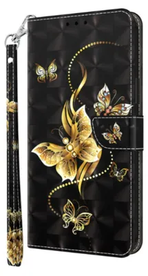 A black flip phone case with a gold butterfly design and a wrist strap.