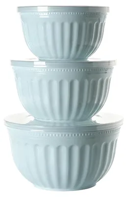 Produktbild von 3-teiliges Salatschüssel-Set mit Deckeln aus Kunststoff, BPA-frei, stapelbar, blau
