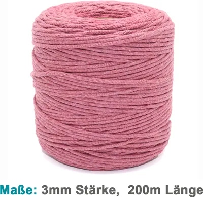 Produktbild von Makramee Garn - 200m (Stärke: 3mm) - 100% Natürliches, gezwirntes Baumwolle Garn Dunkelpink