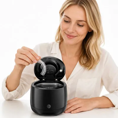 Produktbild von Ultraschall Reiniger 180ml, 43kHz, 3 Min Timer, für Zahnspangen, Prothesen & Schmuck – Ultraschallbad & Reinigungsgerät für Aligner, Mundschutz