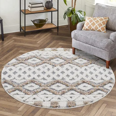 Produktbild von Teppich Hochflor Wohnzimmer - 120 cm Rund - Scandi-Look Ethno Creme - Hochtief-Muster/ 3D-Effekt