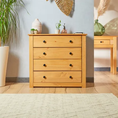 Produktbild von Kommode CANCUN im Landhaus Stil aus Kiefer massiv, moderne Anrichte mit 4 Schubladen, Sideboard mit gebeizter gewachster Oberfläche
