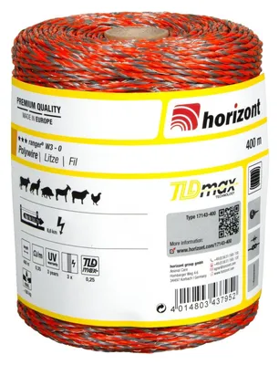 Zdjęcie produktu dla horizont RANGER Litze, 200-1000 m, 3 przewody, w 2 różnych kolorach | Drut do ogrodzenia pastwiskowego Kolor: pomarańczowy/szary/pomarańczowy Długość szpuli: 400 m