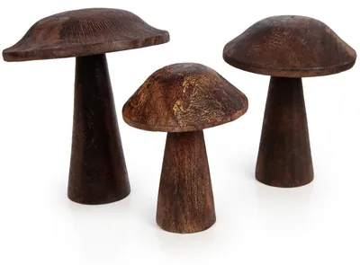 Produktbild von 3 Pilze Figuren aus Holz - Herbst Dekoration dunkelbraun 13-18 cm