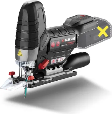 A black and gray cordless jigsaw with a clear base plate and a yellow 'X' marking on a dashed outline of a battery pack.