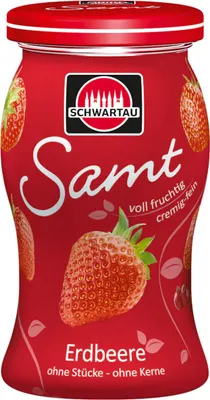 A jar of strawberry jam with strawberries depicted on the label.