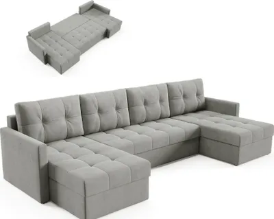 Produktbild von BETTSO Elegantes U-Ecksofa OLIVIA 301 cm mit Schlaffunktion gesteppt Hellgrau automatische DL
