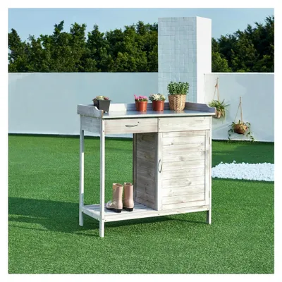 Produktbild von Pflanztisch Aliano Gärtnertisch mit verzinkter Arbeitsplatte und Unterschrank aus Tannenholz Grau 98 x 48 x 94 cm