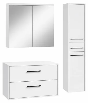 Produktbild von Badplaats Waschtischunterschrank-Set Florence 80 x 46 cm - Hochglanz Weiß - mit Spiegelschrank und Hochschrank