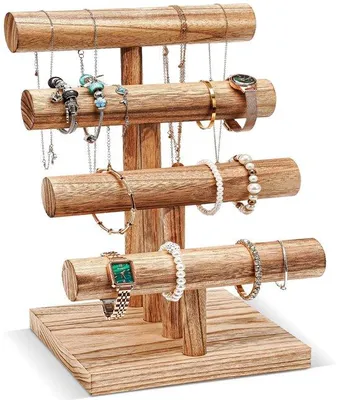 Produktbild von Holz-Armbandhalter 4-Schichten T-Form, Armbandhalter mit Entfernbaren Gelenken, Schmuckhalter, Armbanddisplay, Vintage-Armbandhalter, Uhrenhalter, Aufbewahrung für Armbänder und Haarspangen