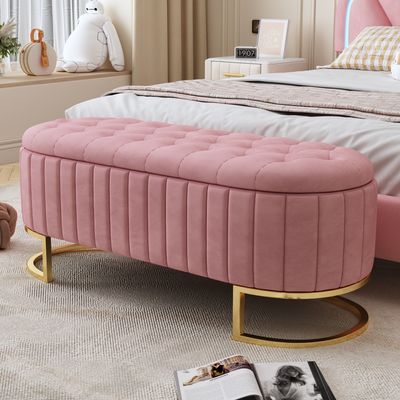 Flieks Sitztruhe Sitzbank mit Stauraum, Betthocker Polsterbank mit Metallbeinen, Fußhocker Sitzhocker Aufbewahrungsbox mit Deckel, Samt, Rosa