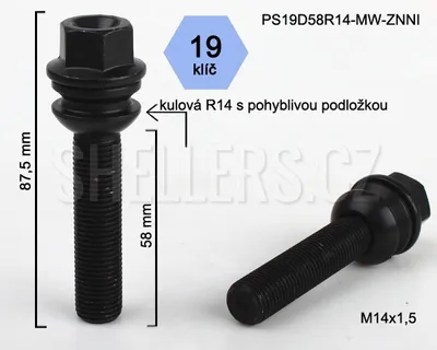 Obrázek produktu pro Kolový šroub M14x1,5x58 koule R14 pohyblivá, černý, klíč 19, výška 87,5