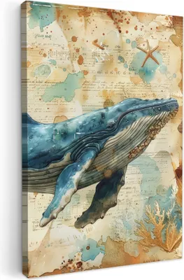 Produktbild von MuchoWow® - Leinwandbilder - Vintage - Wal - Aquarell - Blau - Meerestiere, Wandbild, Wanddeko Bilder Wohnzimmer, 20x30 cm