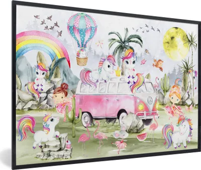 Produktbild von MuchoWow® Gerahmtes Poster Einhorn - Regenbogen - Kinder - Mädchen - Auto 90x60 cm - Poster mit Schwarzem Bilderrahmen Wandposter Rahmen Foto Bilder - Fotorahmen - Foto-Plakat