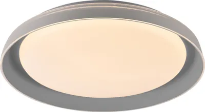 A close-up, studio shot of a modern, circular LED ceiling light with a gray outer frame and a white diffuser.