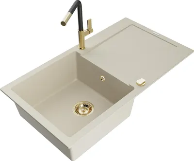 Produktbild von Mexen Leo 1 Becken-Granitspüle mit Abtropffläche und Mischbatterie Flora, Beige - 6501-69-670401-57-G