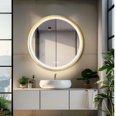 Produktbild von Vrygle Rund Badezimmerspiegel 80 cm LED mit Gold Aluminiumrahmen, Dimmbar, 3 Lichtfarben, Touch-Schalter, Beschlagfrei, Wandspiegel
