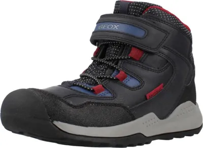 A single black winter boot for children, shown from the side.