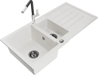 Immagine prodotto di Mexen Andres lavello in granito 1,5 vasche con scolapiatti e miscelatore cucina Flora, bianco - 6515-20-670401-07-B