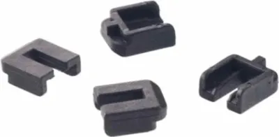 Four black plastic U-shaped clips are arranged on a white background.