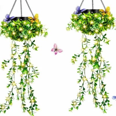 Produktbild von 2er-Set Solar Hängeleuchten Blumenranke, 66 LEDs, IP65, 8-12h – realistisch, warmweiß, für Garten, Terrasse, Geschenk