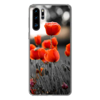 Produktbild von MuchoWow® Handyhülle Schutzhülle Hülle für Huawei P30 Pro Rote Mohnblumen vor schwarzem und weißem Hintergrund Silikon Softcase Handy Hülle - Schutzdeckel