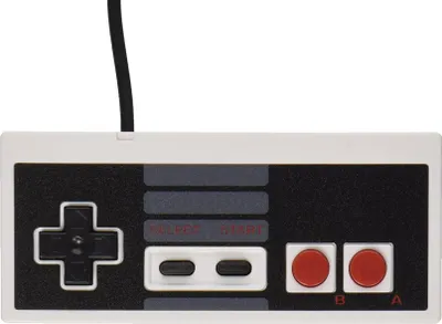 A close-up, top-down view of a classic Nintendo Entertainment System (NES) controller.