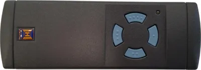 A black remote control for a garage door opener is shown against a white background.