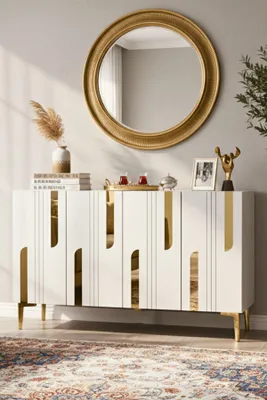 Produktbild von Skye Decor, Hochwertiger Konsolentisch (3-teilig) in Weiß & Gold, 120 cm | 100% Melamin