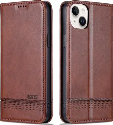 Two views of a brown leather flip phone case for an iPhone 15.
