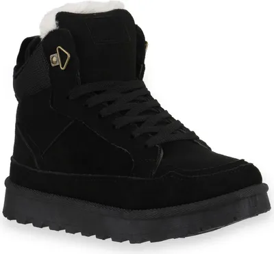 A studio shot of a black high-top sneaker.